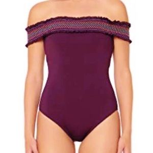 Bleu Rod Beattie Eggplant Smocked Off Shoulder One Piece Swimsuit, size 10